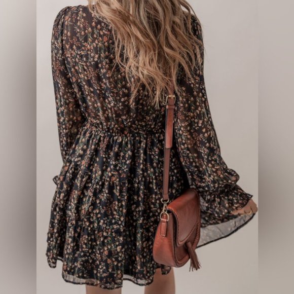 Amelia Black Floral Print Ruffled Puff Mini Dress - Picture 2 of 5